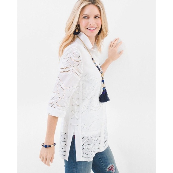 Chico's Tops - Chico's Eyelet Lace-Up Shirt Button-Up White 3/4 Sleeve Women's Size 3 XL 16